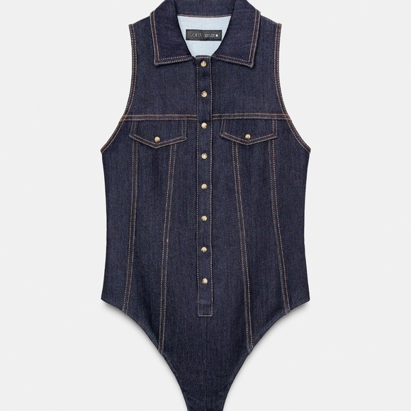 Zara Tops - Zara Dark Indigo Denim Button Up Sleeveless Bodysuit with Pockets